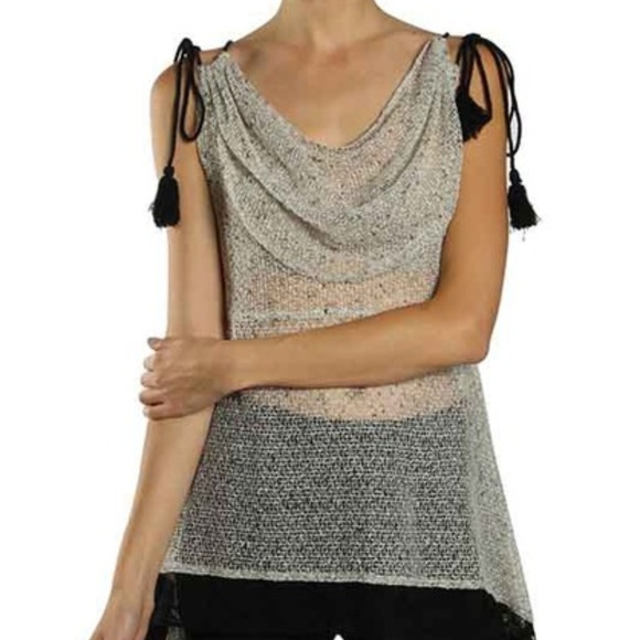 New RYU Tassel Black Lace Cream Asymmetrical Top - Picture 3 of 8